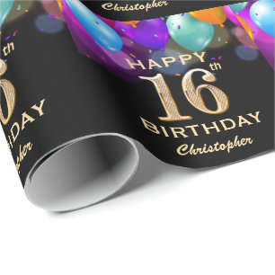 Papier Cadeau 16e fête d'anniversaire Ballons noirs et or