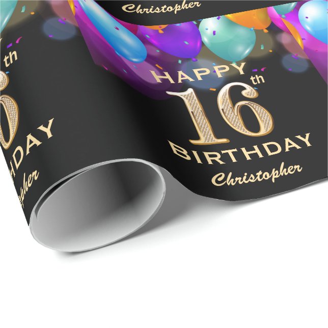 Papier Cadeau 16e fête d'anniversaire Ballons noirs et or (Coin rond)
