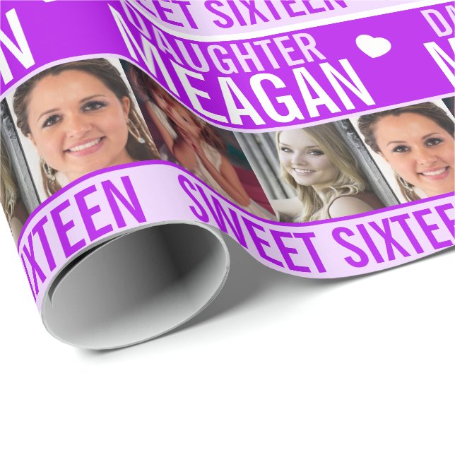 Papier Cadeau 16ème anniversaire trois photos fille violette (Coin rond)