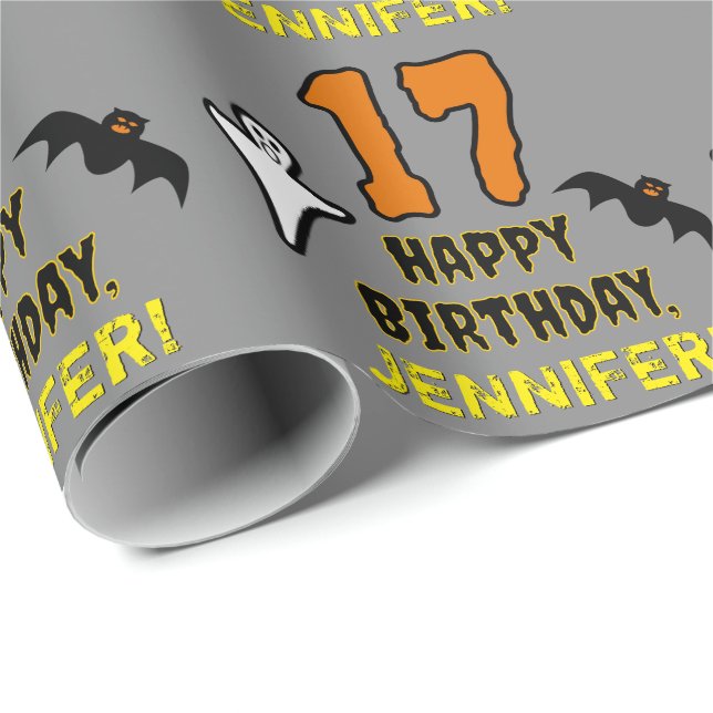 Papier Cadeau 17e anniversaire : Thème d'Halloween Éffrayant, No (Coin rond)