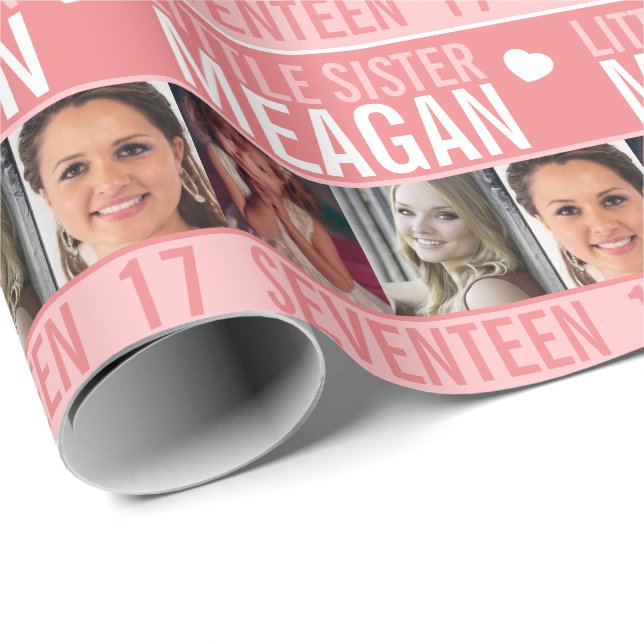 Papier Cadeau 17ème anniversaire trois photos corail petite soeu (Coin rond)