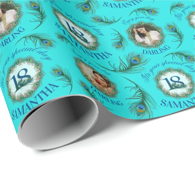 Papier Cadeau 18 Peacock Feather Fully Editable Custom Photo (Coin rond)
