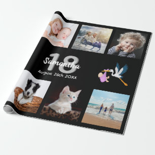 Papier Cadeau 18e anniversaire photo collage femme noir