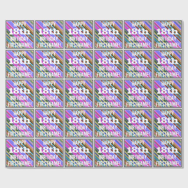 Papier Cadeau 18ème anniversaire vibrant et coloré + Nom fait (Plat)