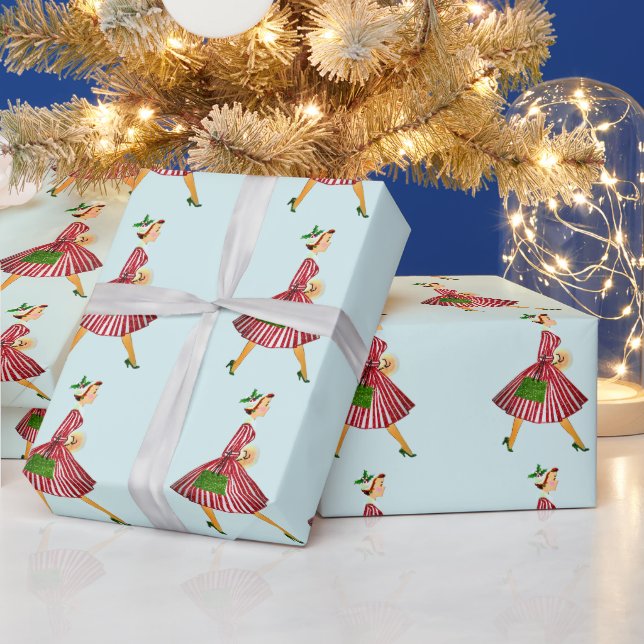 Papier Cadeau 1950 Noël Dame Vintage  (Vacances)