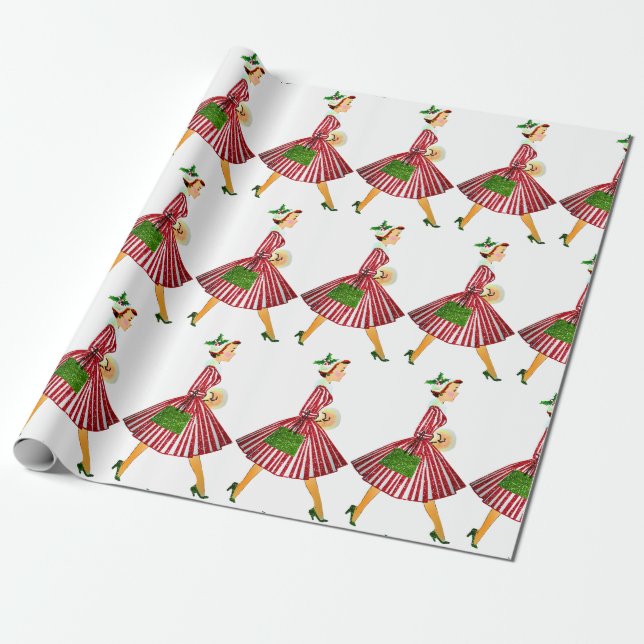 Papier Cadeau 1950 Noël Dame Vintage (Déroulé)