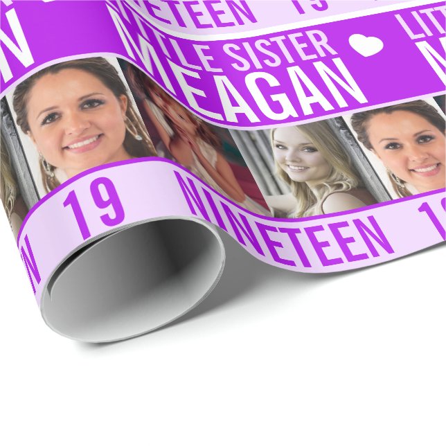 Papier Cadeau 19e anniversaire trois photos petite soeur violett (Coin rond)