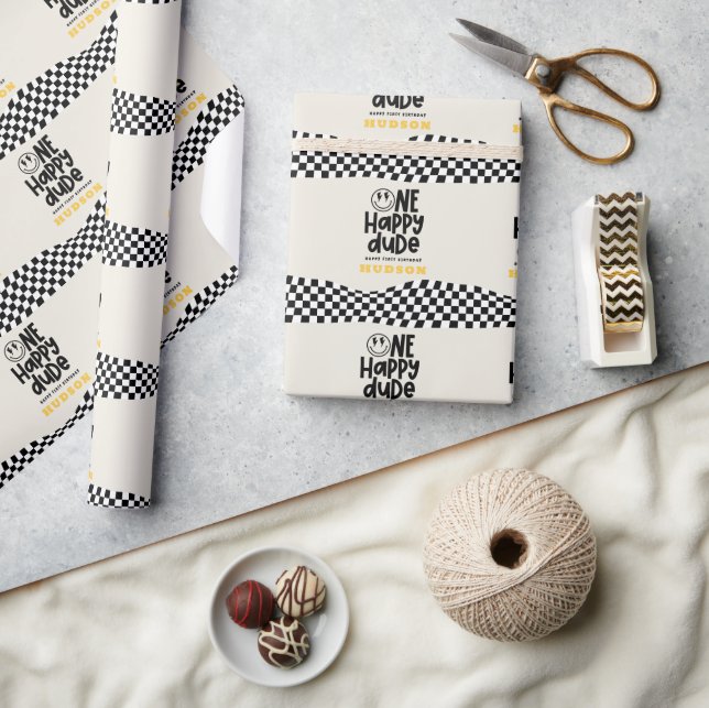 Papier Cadeau 1anniversaire sourire visage rétro noir blanc supe (Artisanat)