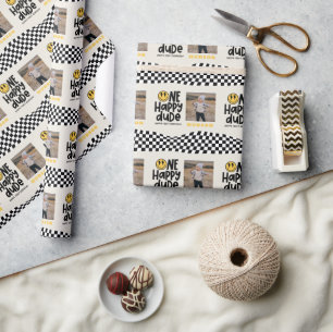 Papier Cadeau 1anniversaire sourire visage rétro noir blanc supe