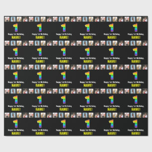Papier Cadeau 1er anniversaire : Arc-en-ciel "1"; photos et nom