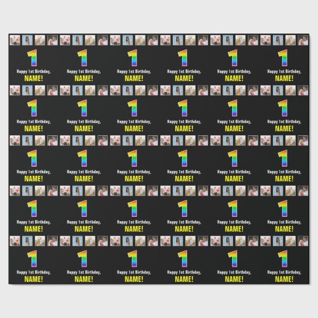 Papier Cadeau 1er anniversaire : Arc-en-ciel "1"; photos et nom  (Couture)