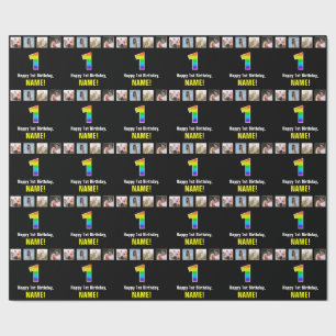 Papier Cadeau 1er Anniversaire : Arc-en-ciel “1“; Photos & Nom p