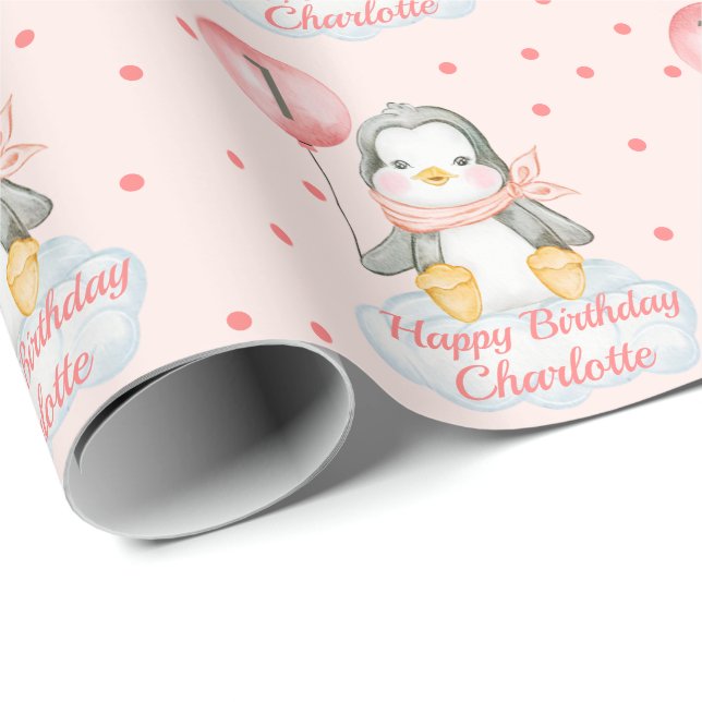 Papier Cadeau 1er anniversaire bébé Penguin rose (Coin rond)