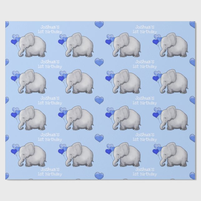 Papier Cadeau 1er anniversaire des bébés éléphants personnalisés (Plat)