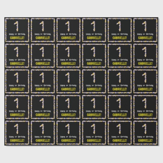 Papier Cadeau 1er anniversaire : Floral Flowers Numéro, Nom pers (Plat)