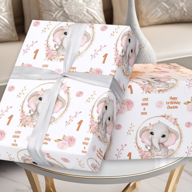Papier Cadeau 1er anniversaire joli éléphant rose Fleur Nom de f (1st Birthday Cute Elephant Pink Flower Girl Name Wrapping Paper)