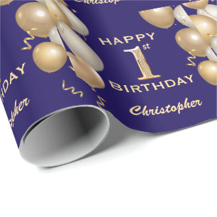 Papier Cadeau 1er Anniversaire Marine Bleu et Parties scintillan