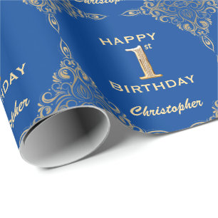 Papier Cadeau 1er Anniversaire Parties scintillant bleue et or