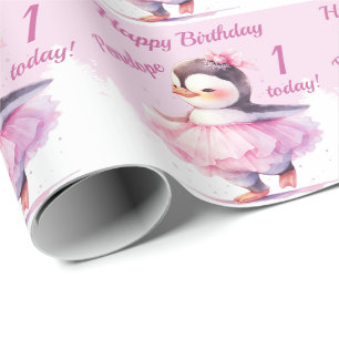 Papier Cadeau 1er Anniversaire Pingouin Ballerina Rose