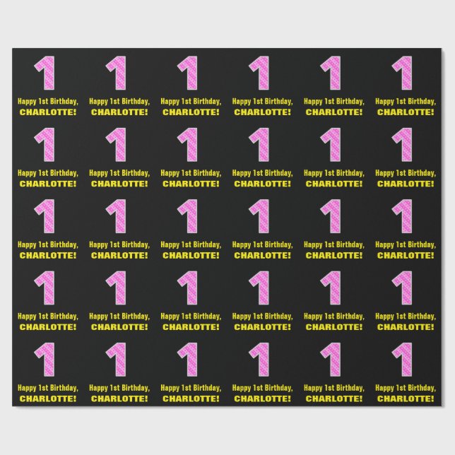 Papier Cadeau 1er anniversaire : Pink Stripes and Hearts "1" + N (Plat)