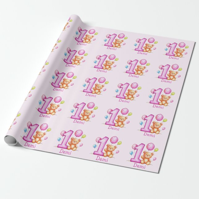 Papier Cadeau 1er anniversaire rose personnalisé pour les filles (Déroulé)