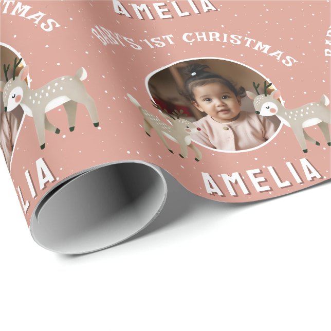 Papier Cadeau 1er Noël de bébé : Renne Souvenir Photo (Coin rond)