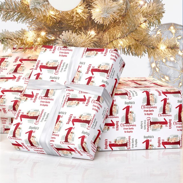Papier Cadeau 1er Noël Nom du cerf Bébé Fille Rouge Numéro Un (1st Christmas Deer Name Baby Girl Red Number One Wrapping Paper)