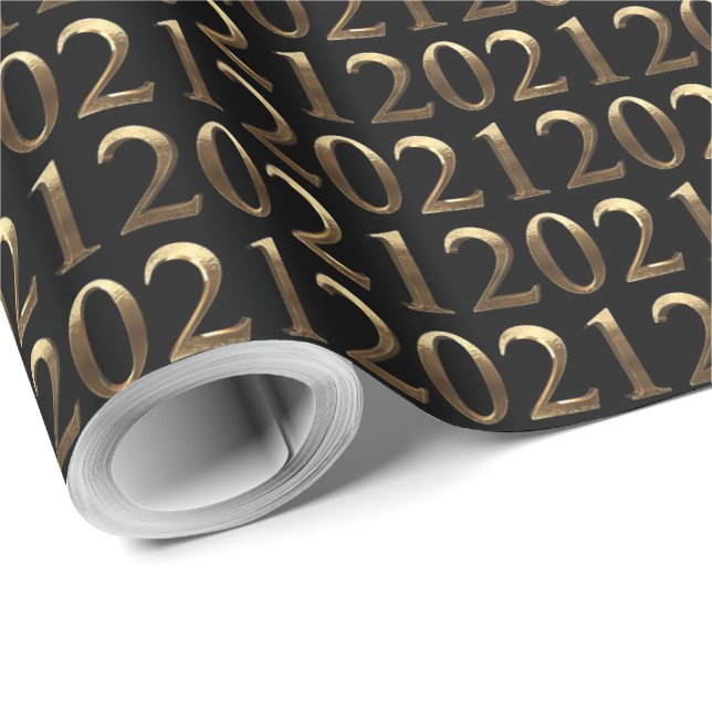 Papier Cadeau 2021 Elégant Faux Golden Numbers Motif Noir (Coin rond)