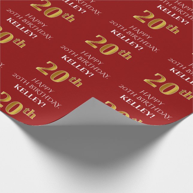 Papier Cadeau 20e anniversaire : Elégant, Rouge, Faux Gold Look (Coin)