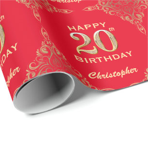 Papier Cadeau 20e anniversaire Parties scintillant rouge et or