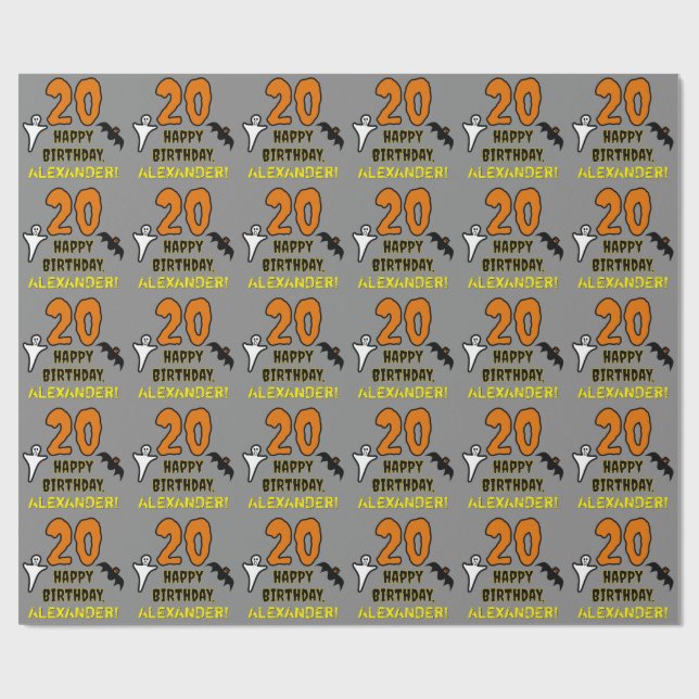 Papier Cadeau 20e anniversaire : thème Halloween effrayant, nom  (Plat)