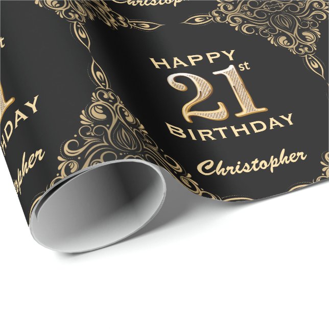 Papier Cadeau 21e anniversaire Black and Gold Parties scintillan (Coin rond)