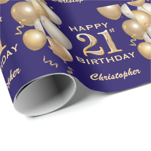 Papier Cadeau 21e anniversaire Marine Bleu et Parties scintillan