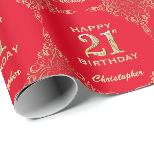 Papier Cadeau 21e anniversaire Parties scintillant rouge et or (Coin rond)