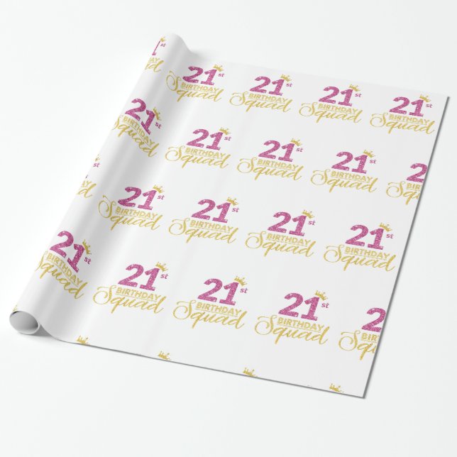 Papier Cadeau 21e Anniversaire Squad Party Crown Pink Gold (Déroulé)