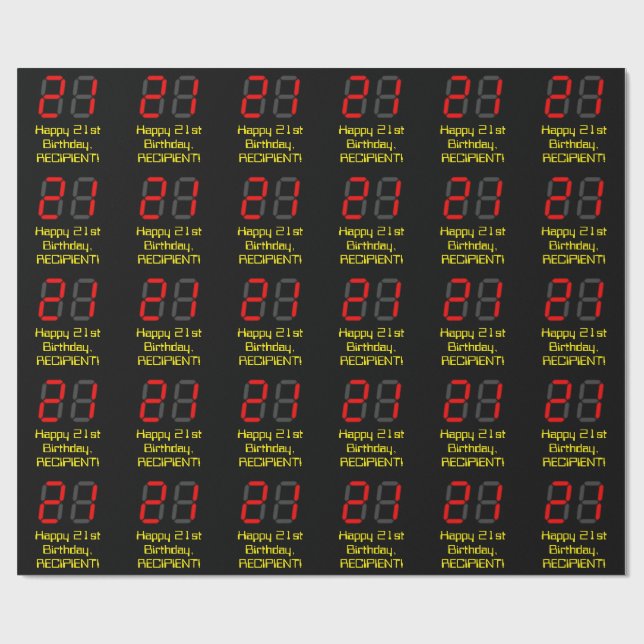 Papier Cadeau 21e anniversaire : Style de montre numérique rouge (Plat)
