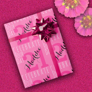 Papier Cadeau 21e anniversaire Typographie rose moderne