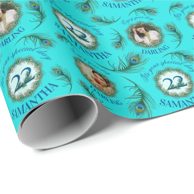 Papier Cadeau 22 Peacock Feather Fully Editable Custom Photo (Coin rond)