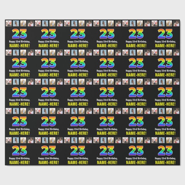 Papier Cadeau 23e anniversaire : Arc-en-ciel "23"; photos et nom (Couture)
