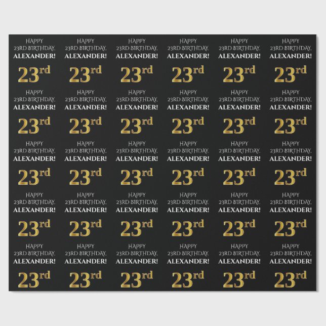 Papier Cadeau 23e anniversaire : Elégant, Noir, Faux Gold Look (Plat)
