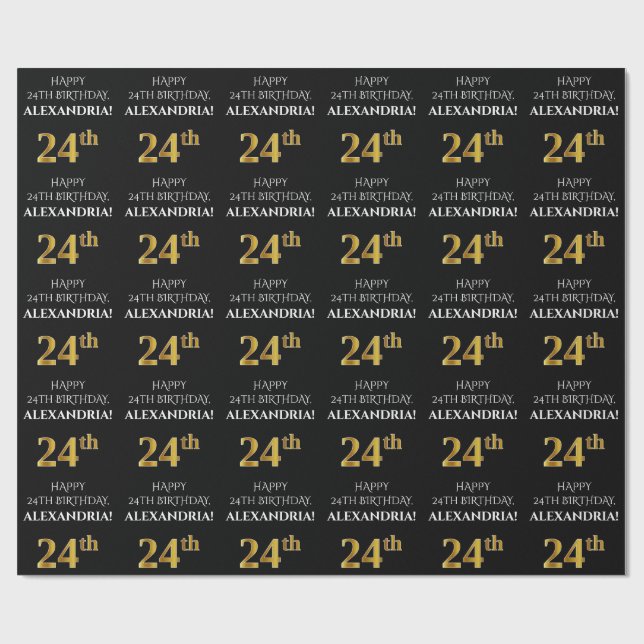Papier Cadeau 24e anniversaire : Elégant, Noir, Faux Gold Look (Plat)