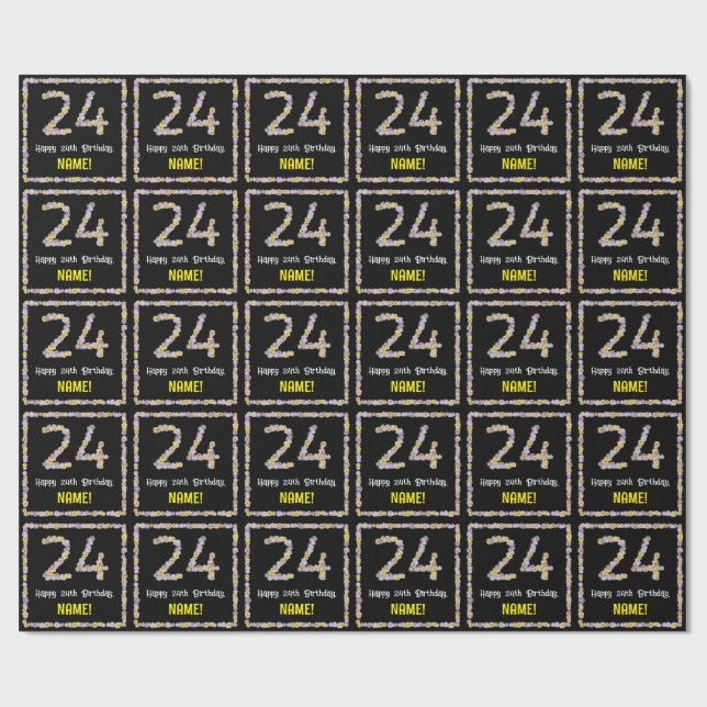 Papier Cadeau 24e Anniversaire : Numéro de fleurs florales, Nom  (Plat)