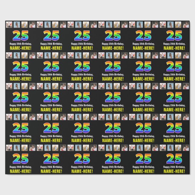 Papier Cadeau 25e anniversaire : Arc-en-ciel "25"; photos et nom (Couture)