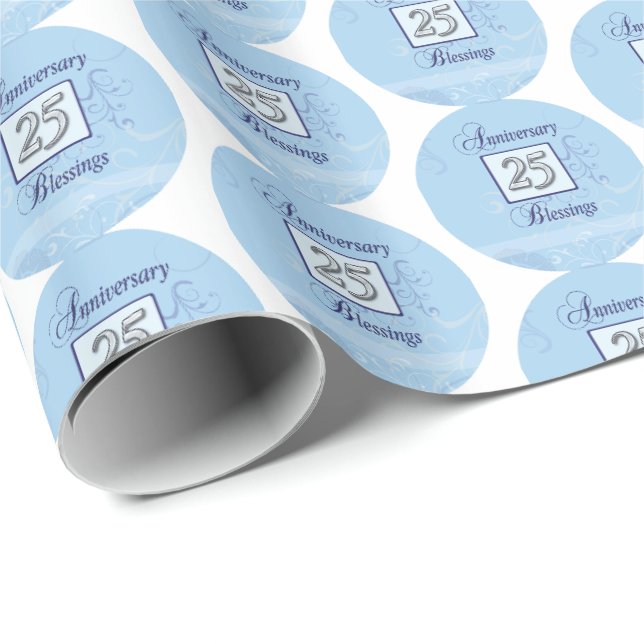 Papier Cadeau 25e anniversaire en bleu et argent (Coin rond)