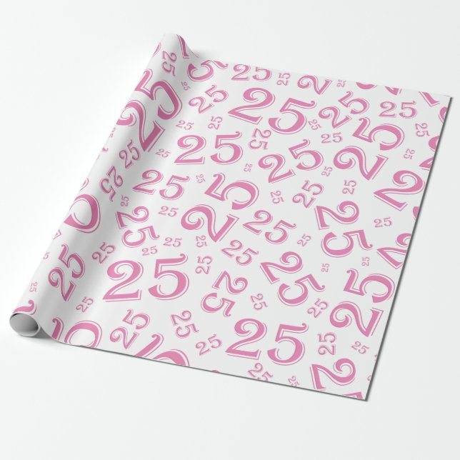 Papier Cadeau 25e anniversaire Pink/White Random Number Motif 25 (Déroulé)