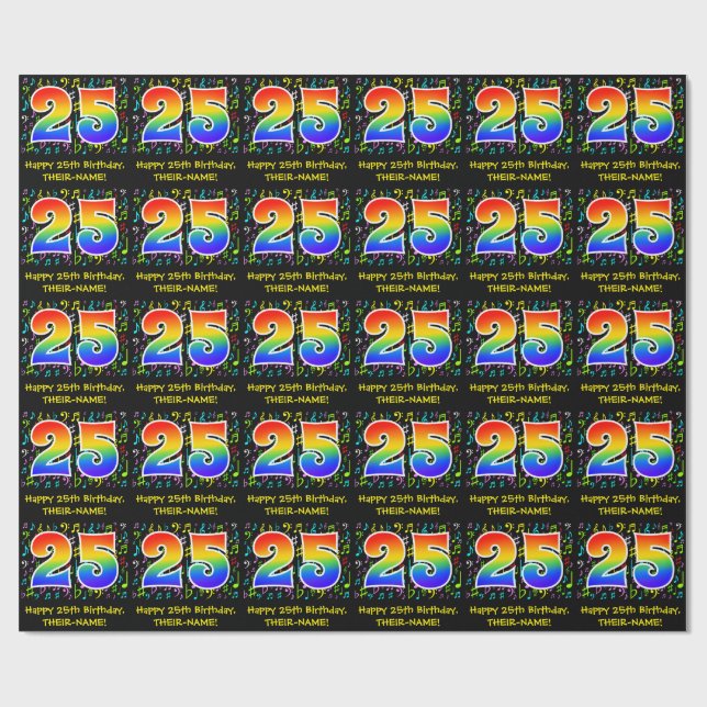 Papier Cadeau 25e anniversaire : Symboles de musique colorée, Ar (Plat)