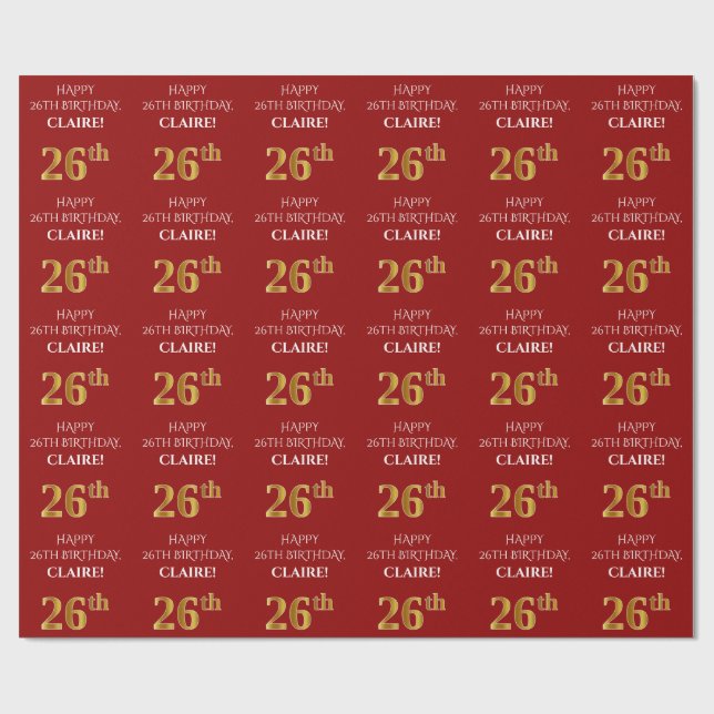 Papier Cadeau 26e anniversaire : Elégant, Rouge, Faux Gold Look (Plat)