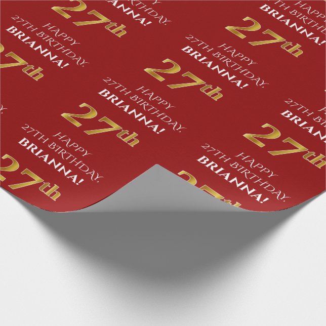 Papier Cadeau 27e anniversaire : Elégant, Rouge, Faux Gold Look (Coin)