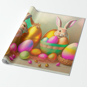 Papier Cadeau 2 Lapin De Pâques Et Collection D'Oeufs D'Or