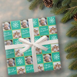 Papier Cadeau 2 Photo : Green Blue Merry Christmas Snowflakes<br><div class="desc">Ajoutez 2 photos à cette jolie illustration de vacances - parfaite pour les enfants. Un dessin simple et moderne d'un symbole de Noël classique avec une zone pour écrire votre message.</div>
